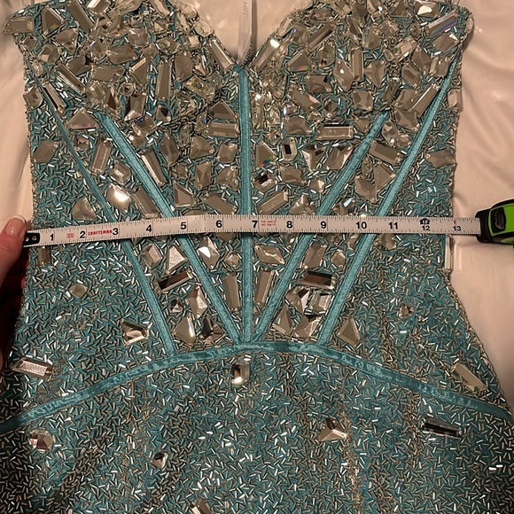 Sherri Hill 1429 Embellished strapless Aqua & silver formal mini dress NWT - Picture 8 of 9